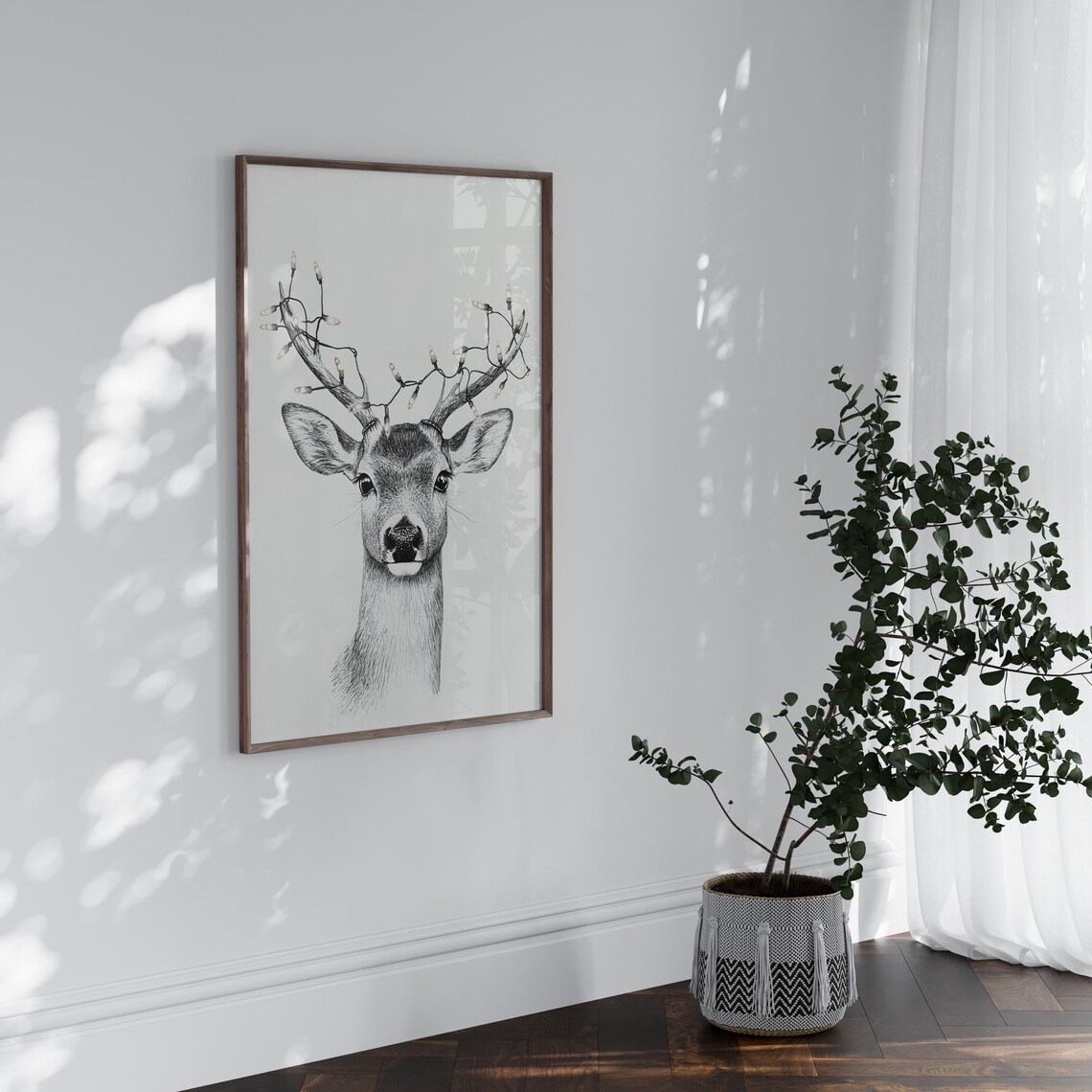 Reindeer Portrait With Fairy Lights On Antlers Ink Drawing Poster - Image 6