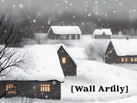 Snowy Village Moody Winter Village Scene Christmas Wall Art Wall Art Winter Landscape Artwork Xmas Print