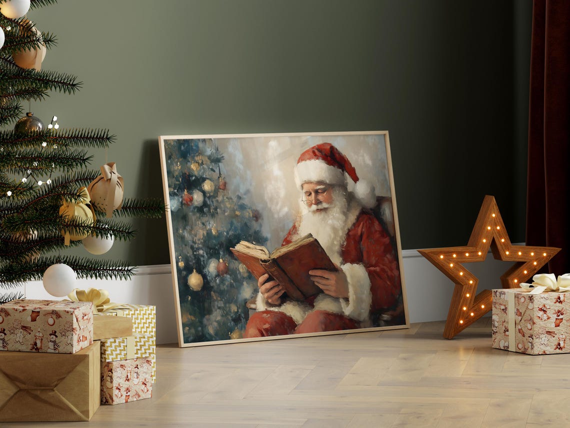 Santa Claus Reading Book By Christmas Tree Vintage Oil Art Poster - Image 7