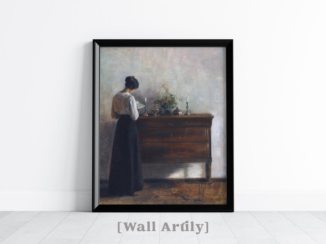 Vintage Woman Reading By Candlelight Antique Interior Oil Art Poster - Image 3