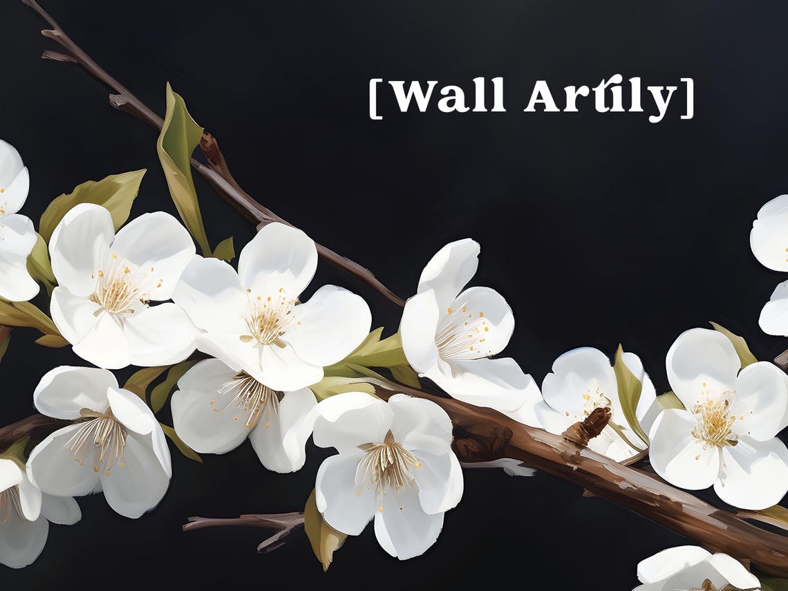 White Cherry Blossom Moody Black Background Floral Art Poster - Image 3