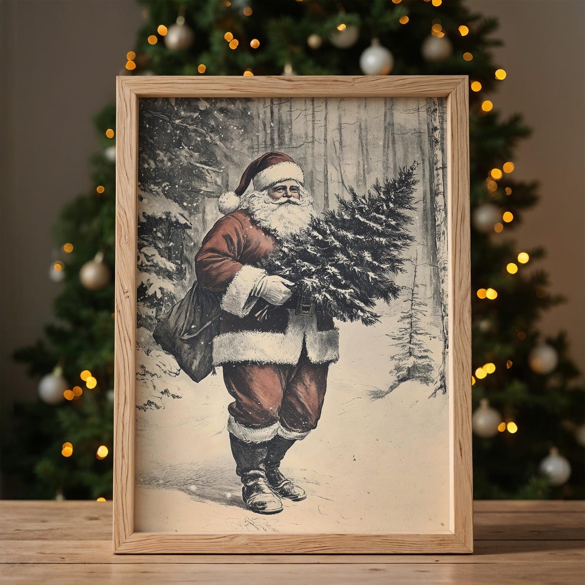 Vintage Santa Carrying Christmas Tree Through Snowy Forest Poster - Image 7