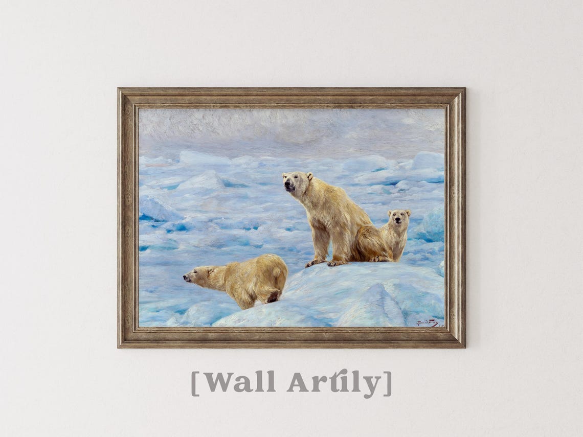 Three Polar Bears On Arctic Ice Vintage Wildlife Painting Poster - Image 4