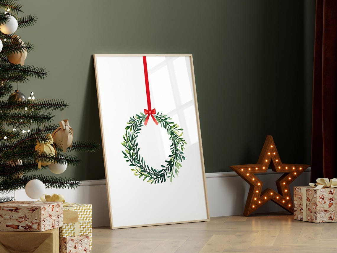 Minimalist Green Foliage Wreath With Red Ribbon Christmas Poster - Image 5