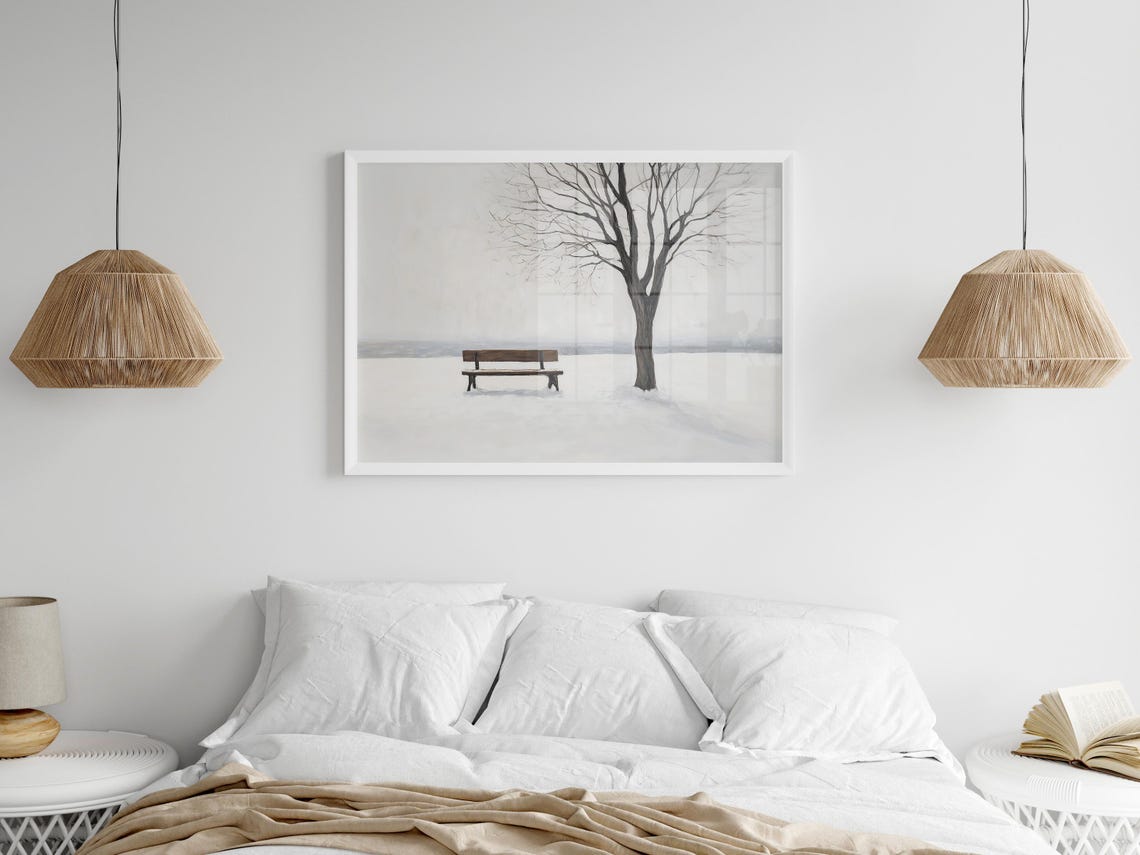 Snowy Park Bench Bare Tree Minimalist Winter Landscape Poster - Image 3