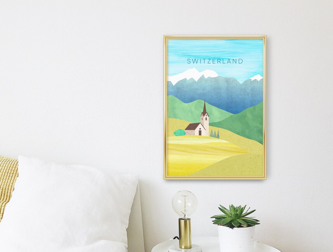 Switzerland Alpine Chapel Snowcapped Peaks Minimalist Travel Poster - Image 3