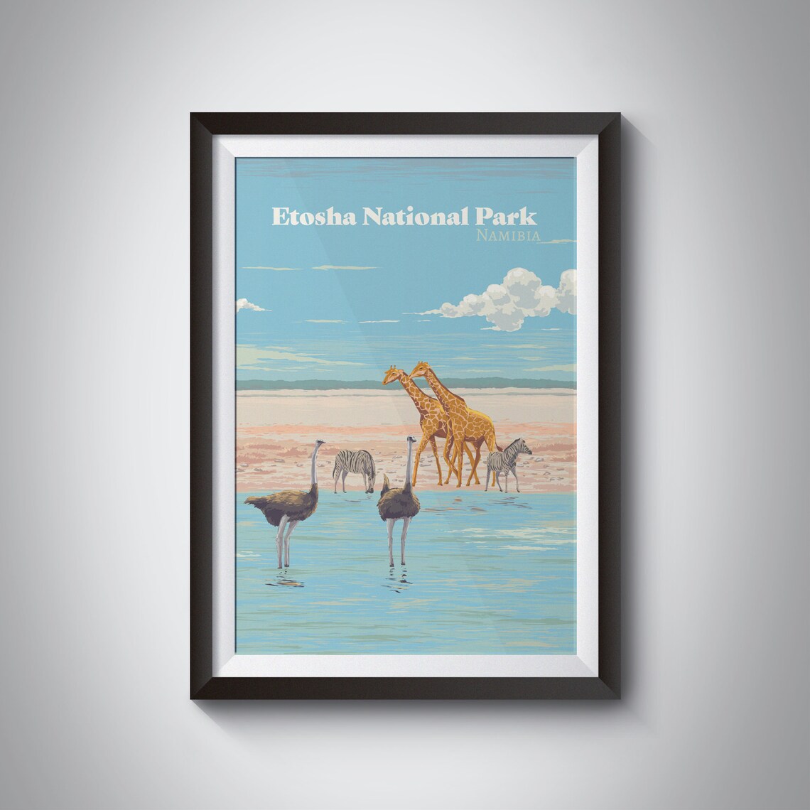 Etosha National Park Namibia Safari Waterhole Wildlife Travel Poster