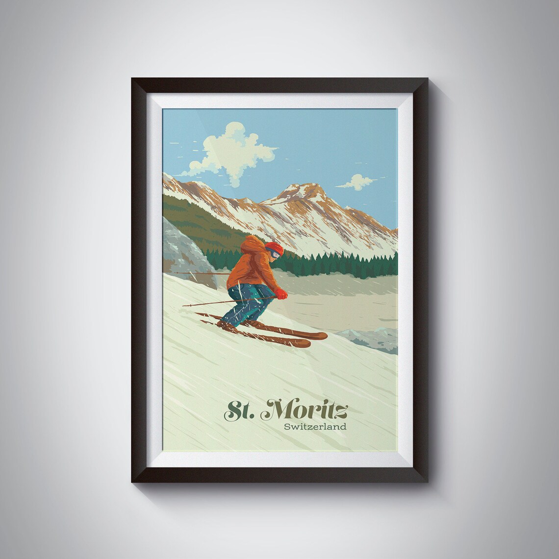 St Moritz Ski Resort Vintage Travel Poster, Switzerland