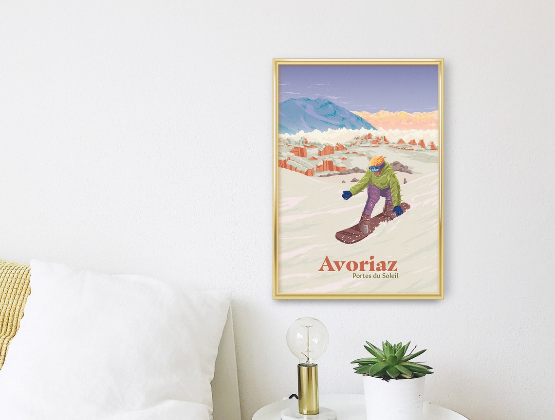 Avoriaz Portes du Soleil French Alps Snowboarder Sunset Scene Poster - Image 2