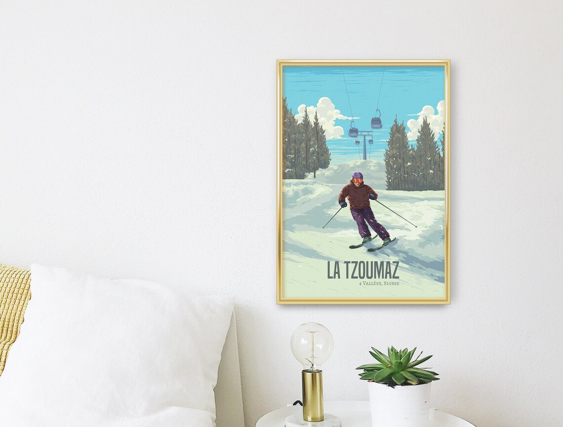 La Tzoumaz Swiss Alps Ski Slope Gondola Skier Action Scene Poster - Image 3