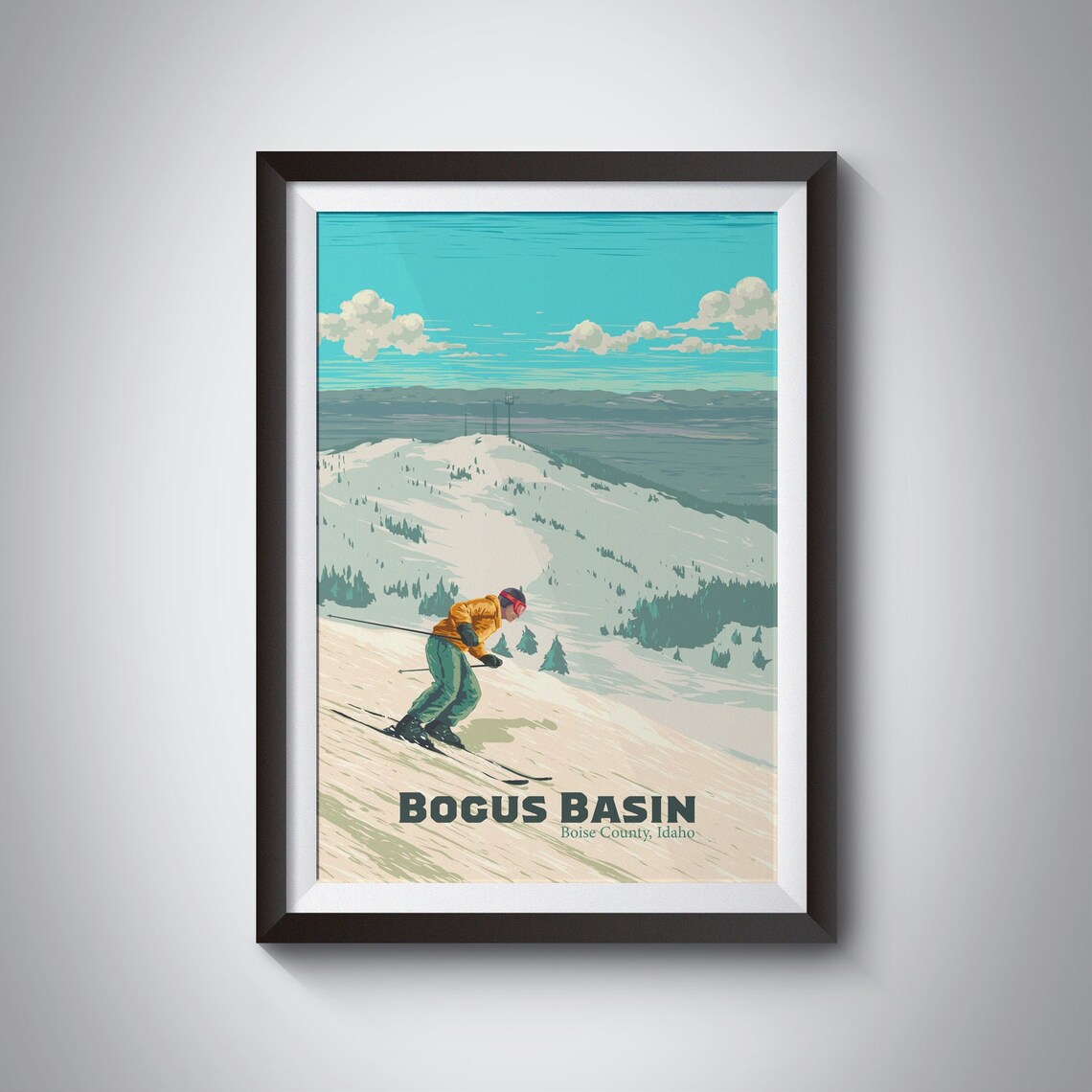 Bogus Basin Idaho Skier Descending Vintage Mountain Ski Poster
