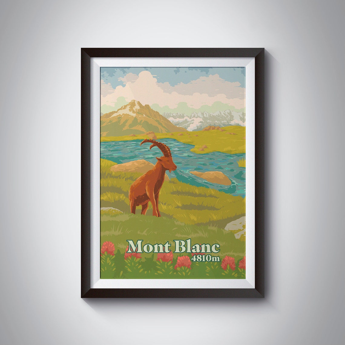 Mont Blanc 4810m Ibex Standing by an Alpine Lake Travel Art Poster