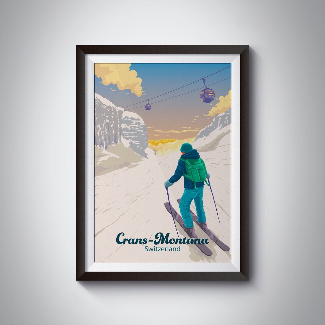 Crans Montana Swiss Alps Retro Skiing Travel Poster