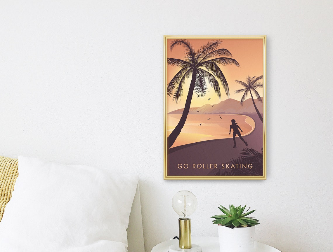 Go Roller Skating Beach Sunset Palm Silhouette Vintage Poster - Image 3