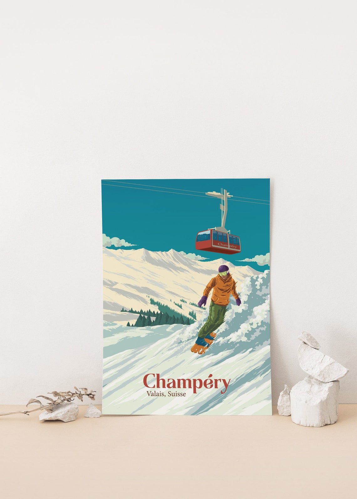 Champery Switzerland Snowboarder Cable Car Vintage Ski Poster - Image 4