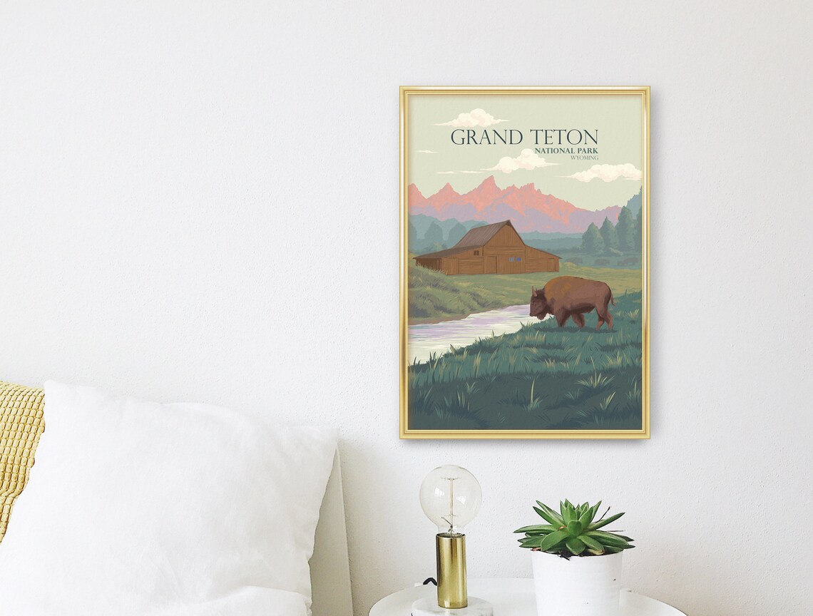 Grand Teton National Park Wyoming Bison Barn Meadow Sunset Poster - Image 3