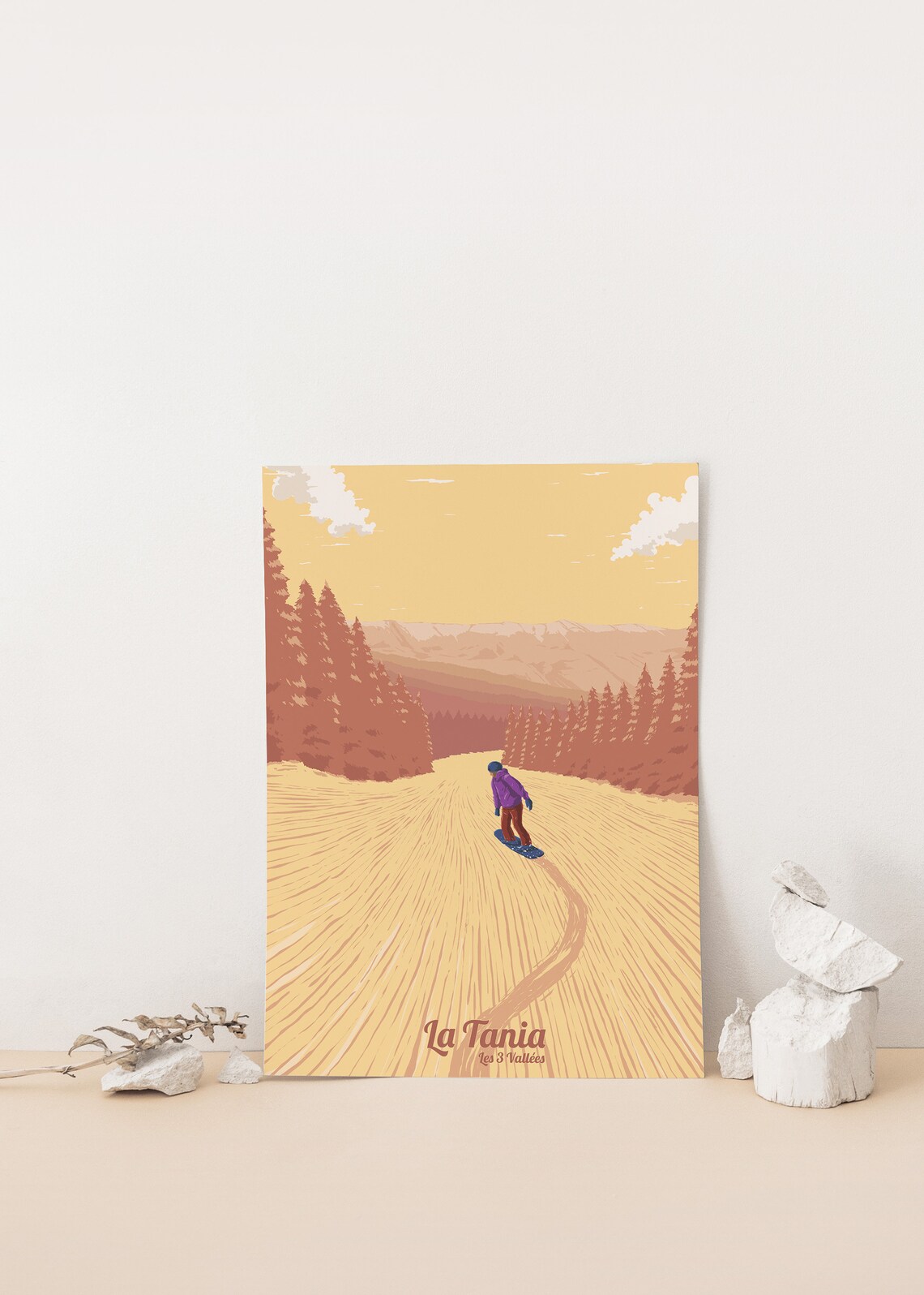 La Tania Les 3 Vallees Snowboarder on a Golden Sunset Slope Poster - Image 4