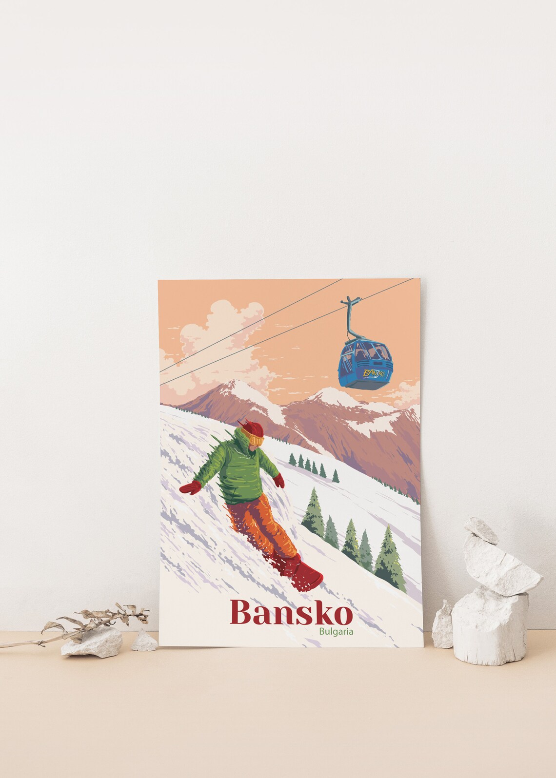 Bansko Bulgaria Snowboarding Travel Poster, Vintage Skiing - Image 4