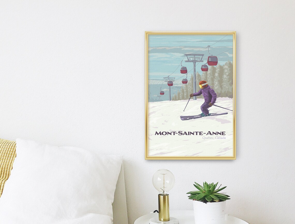Mont Sainte Anne Quebec Canada Red Gondola Skier Retro Ski Travel Poster - Image 2