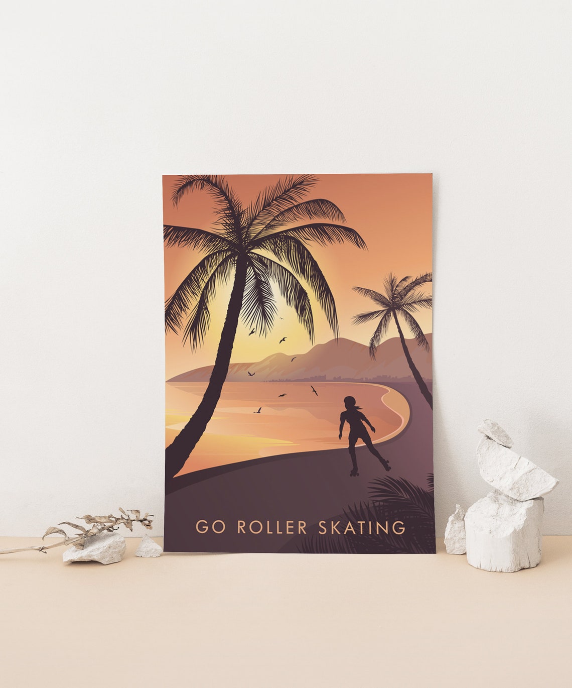 Go Roller Skating Beach Sunset Palm Silhouette Vintage Poster - Image 4