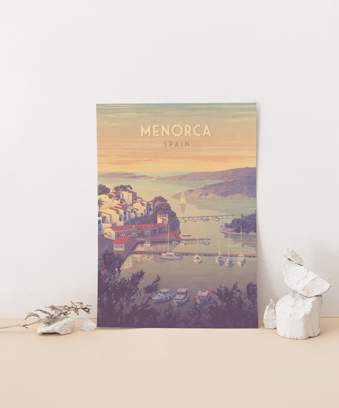 Menorca Spain Vintage Harbor Poster, Whitewashed Port Sunset Sailboats - Image 4