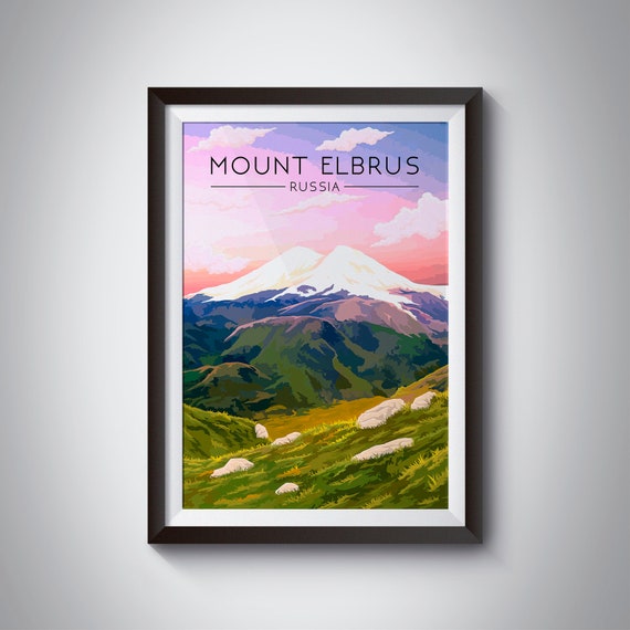 Mount Elbrus Russia Sunset Behind Snow Capped Peaks Travel Poster