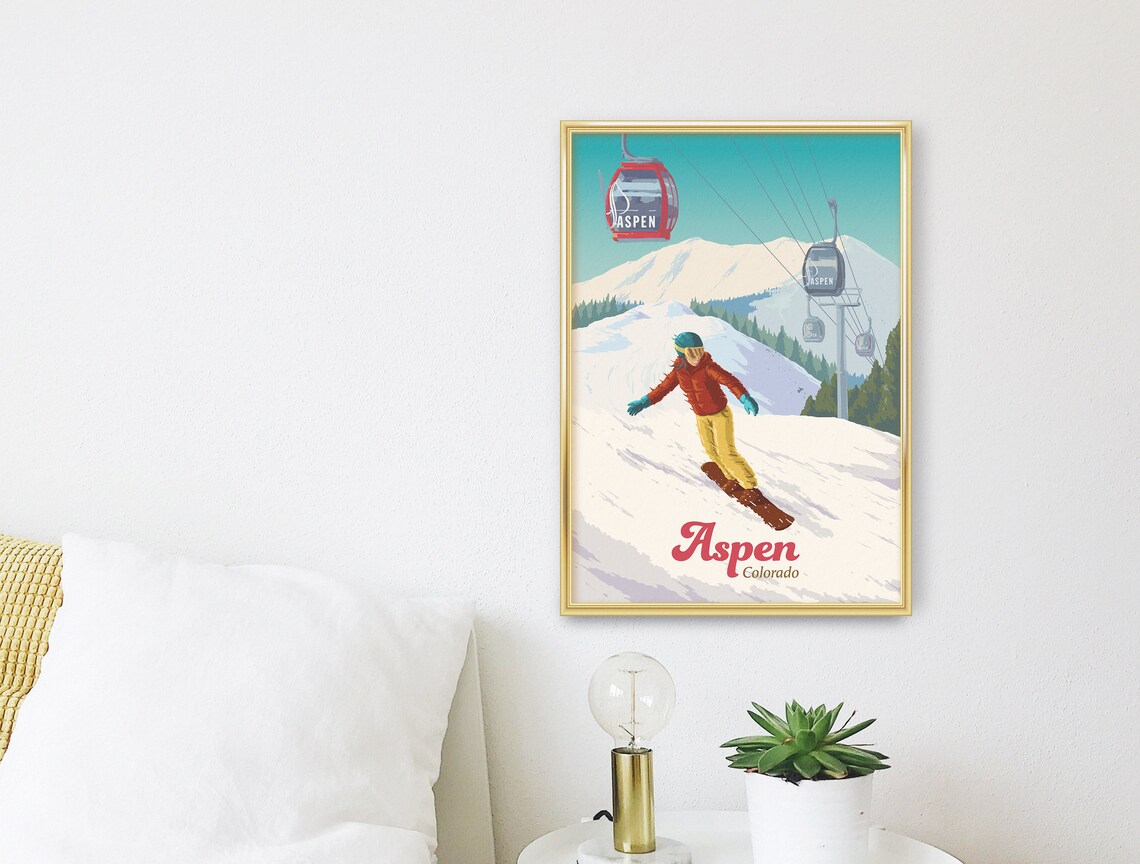 Aspen Colorado Snowboarder Gondola Retro Ski Resort Travel Poster - Image 3