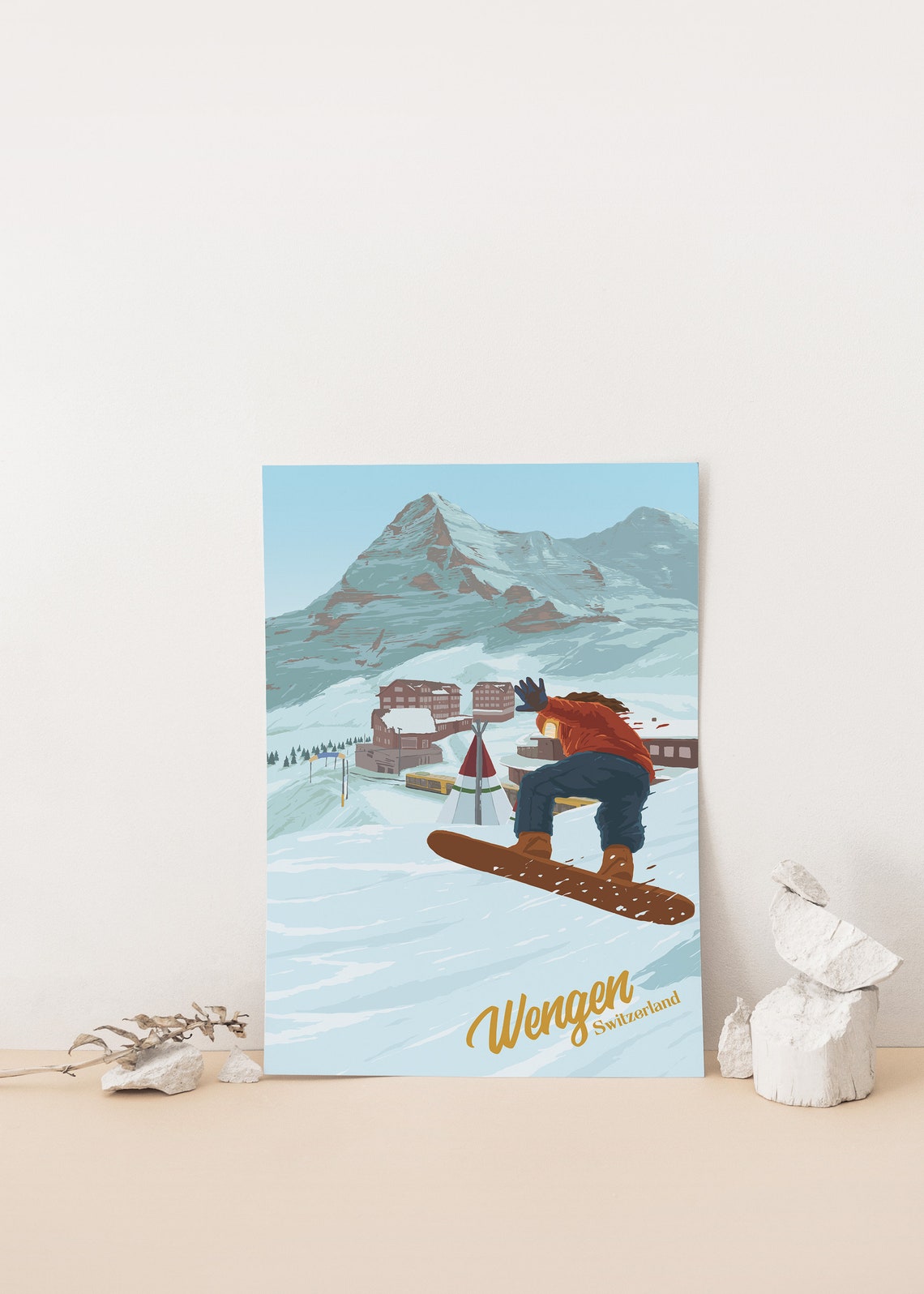 Wengen Switzerland Snowboarder With the Eiger in the Backdrop Poster - Image 4