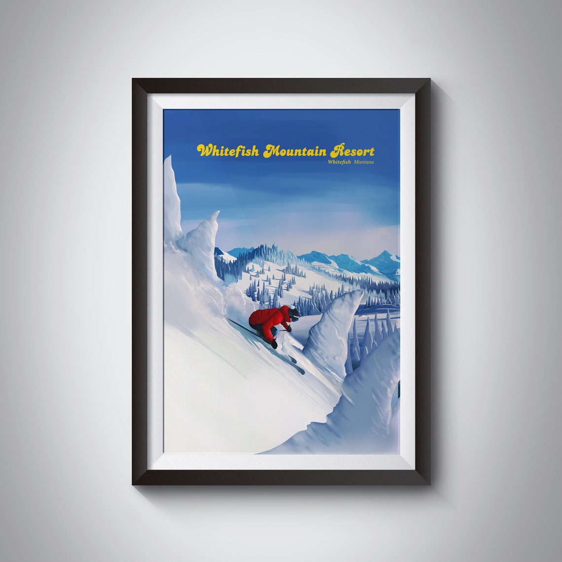 Whitefish Mountain Resort Montana USA Powder Ski Vintage Poster