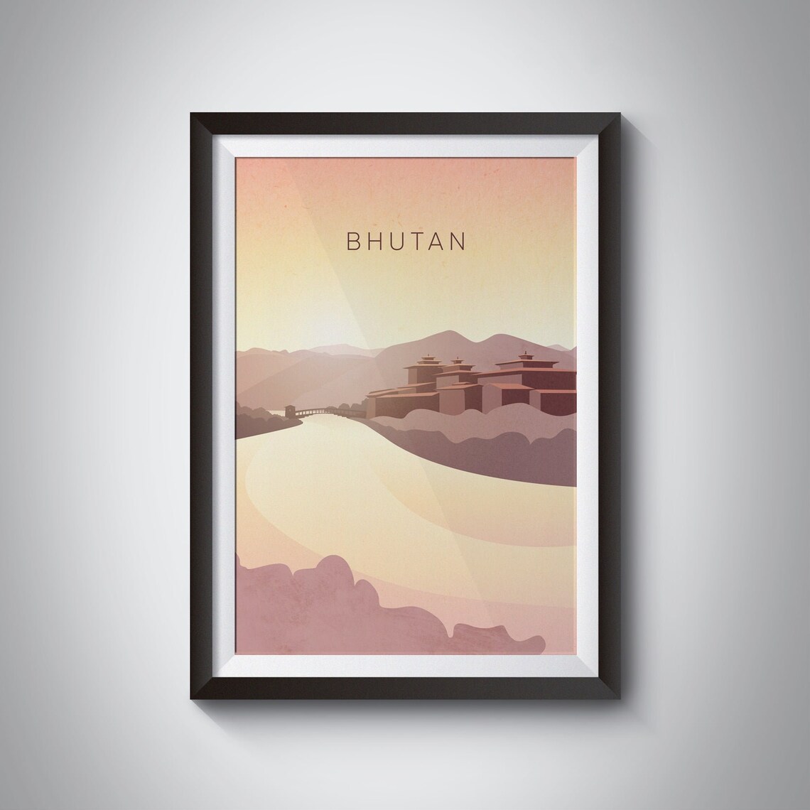 Bhutan Punakha Dzong Golden River Valley Minimalist Scene Poster