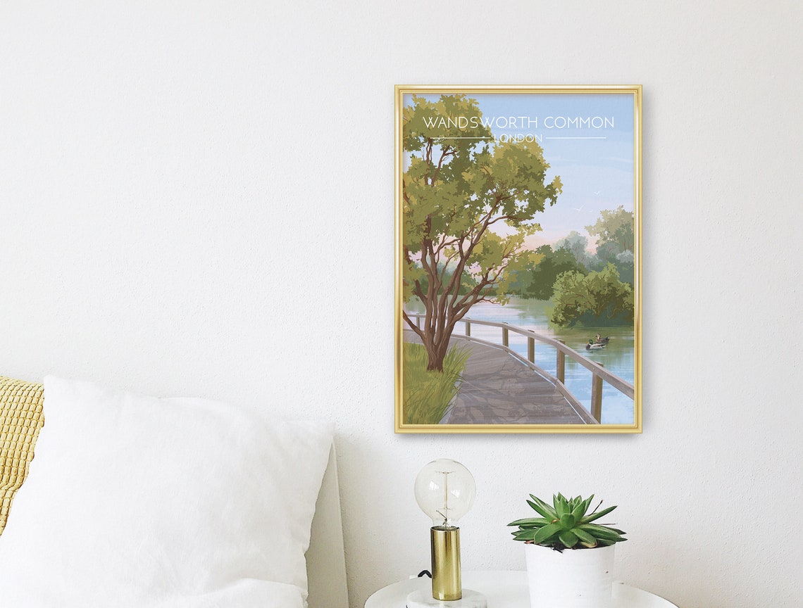 Wandsworth Common London Travel Poster Boardwalk Bridge Pond Ducks - Image 3