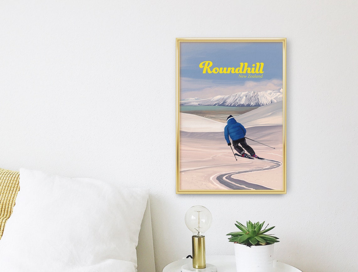 Roundhill New Zealand Ski Resort Skier Mountain Lake View Poster - Image 3