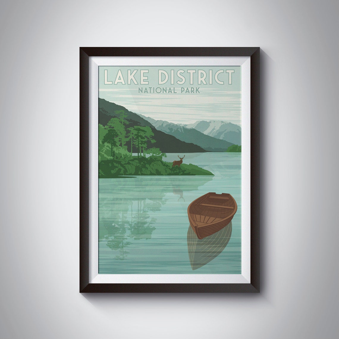 Lake District National Park Rowboat and Deer on Still Water Poster