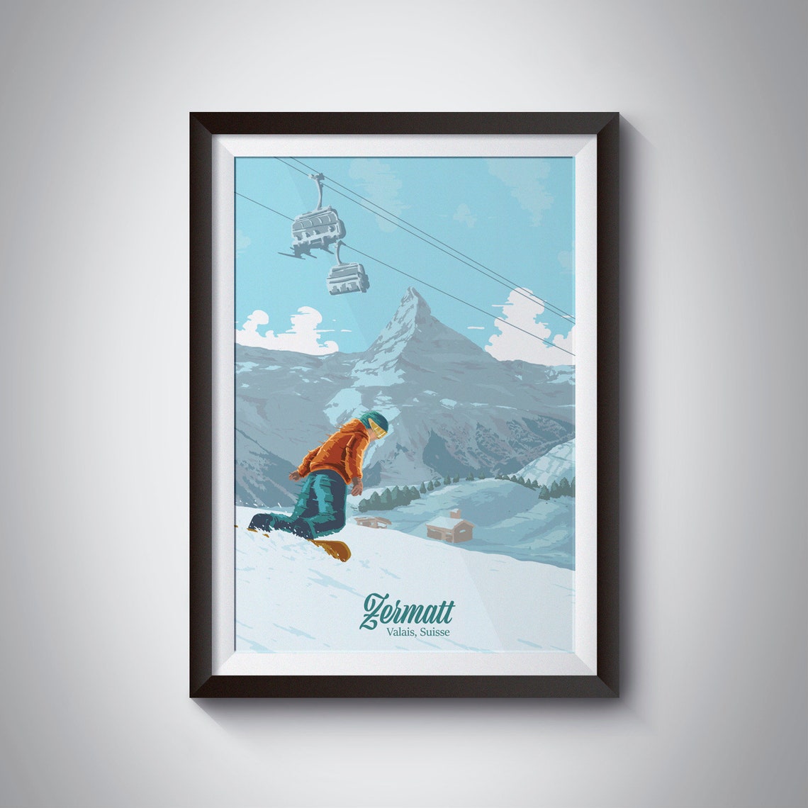 Zermatt Switzerland Snowboarder Carving Matterhorn Gondolas Ski Poster