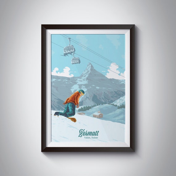 Zermatt Snowboarding Poster Matterhorn Mountain Art Switzerland Swiss Alps Skiing Print Vintage Retro Ski Resort Print Verbier Poster