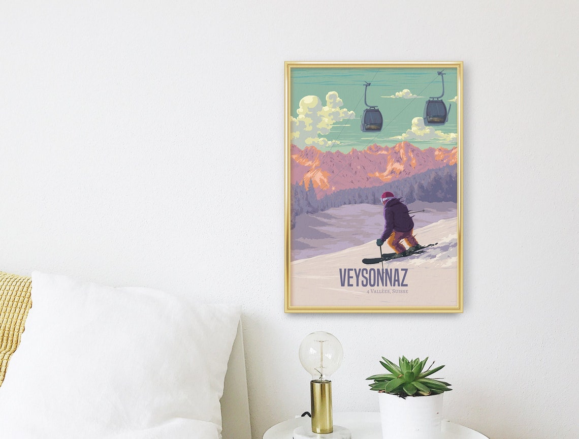 Veysonnaz Swiss Alps Sunset Skier Gondola Ride Mountain Poster - Image 3