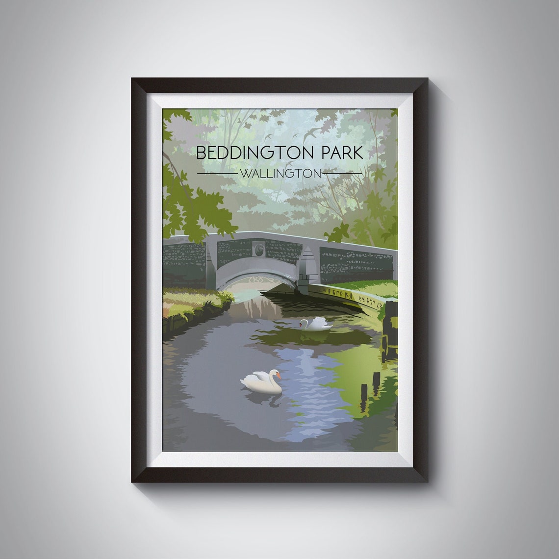 Beddington Park Wallington Swans Gliding River Bridge Poster