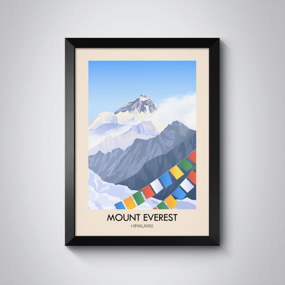 Mount Everest Himalayas Snow Peaks Prayer Flags Minimalist Travel Poster