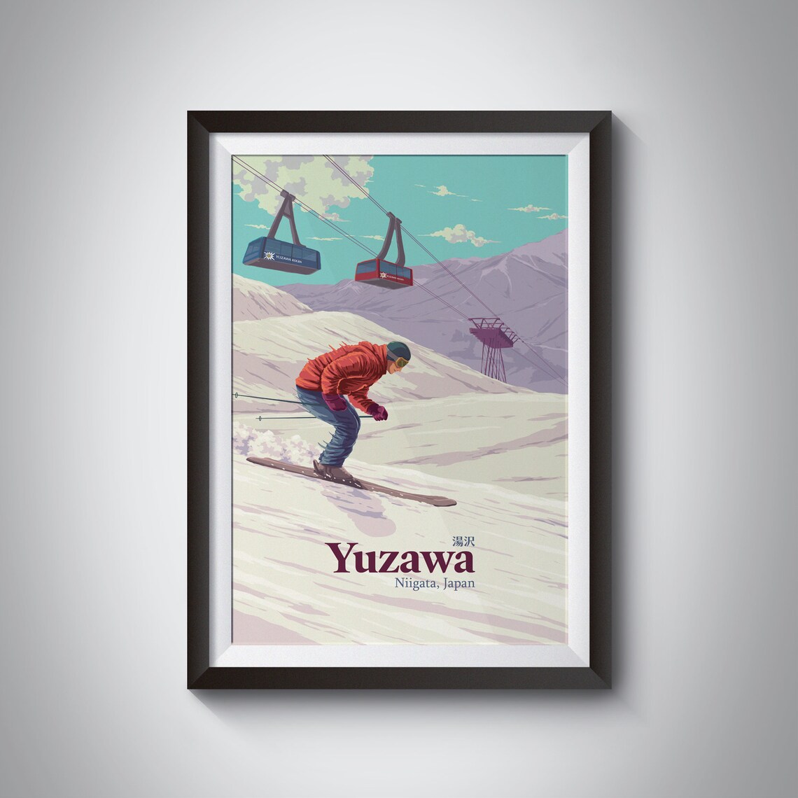 Yuzawa Niigata Japan Vintage Ski Slopes Skier Gondola Scene Poster
