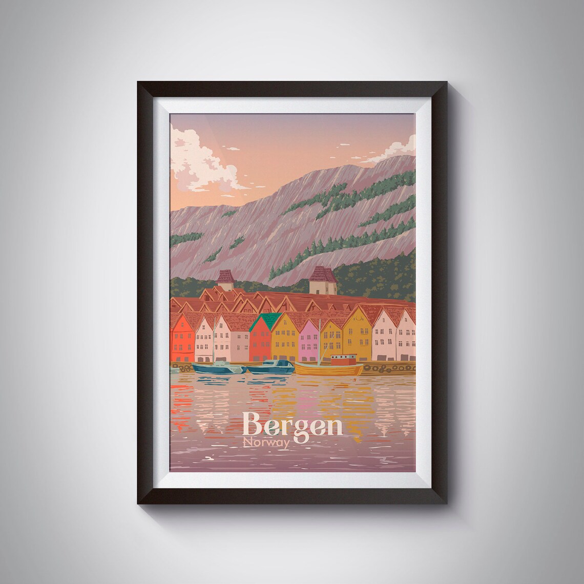 Bergen Norway Retro Travel Poster, Fjord Landmarks