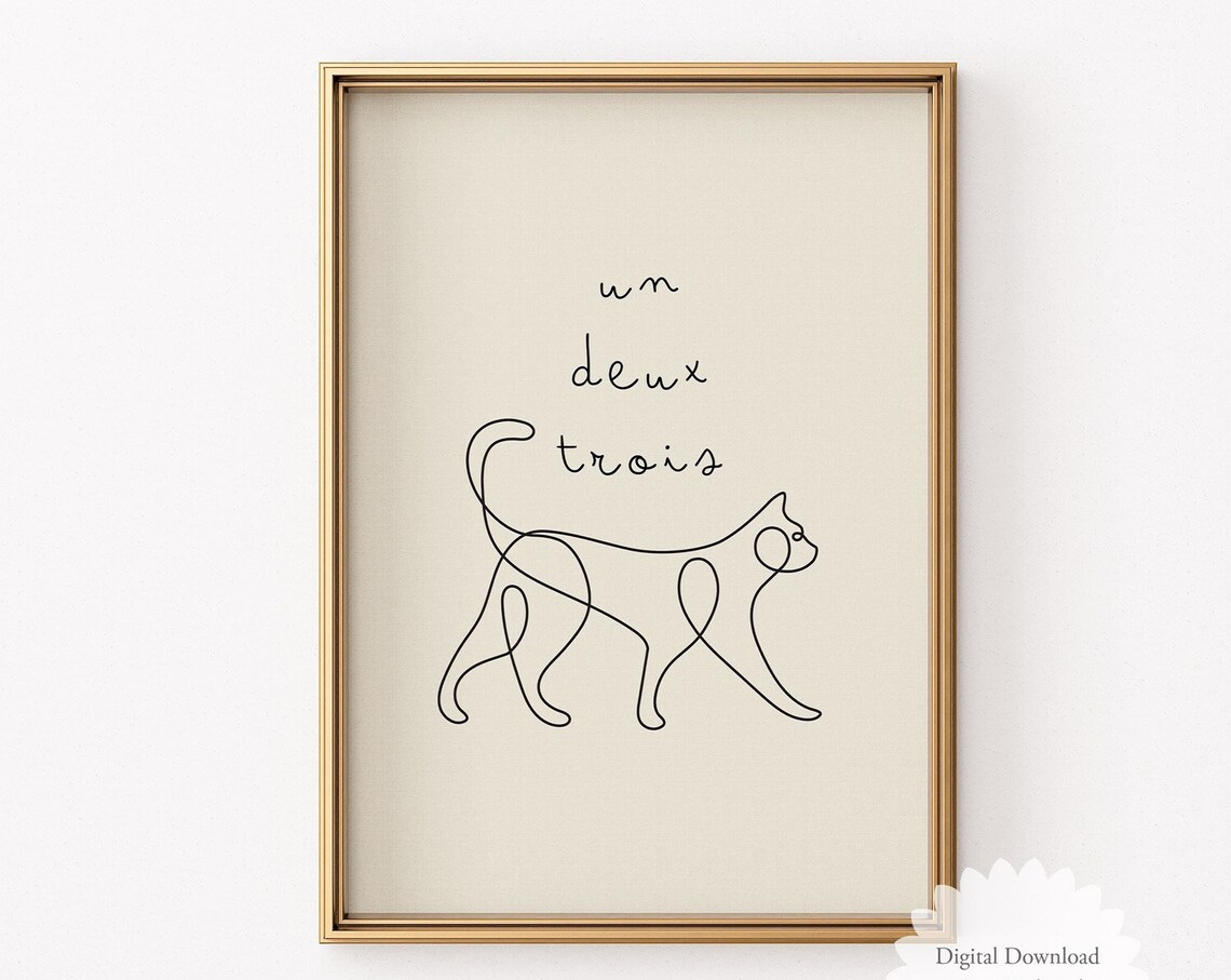 Un Deux Trois One Line Cat Drawing Minimalist Nursery Black White Wall Print - Image 3