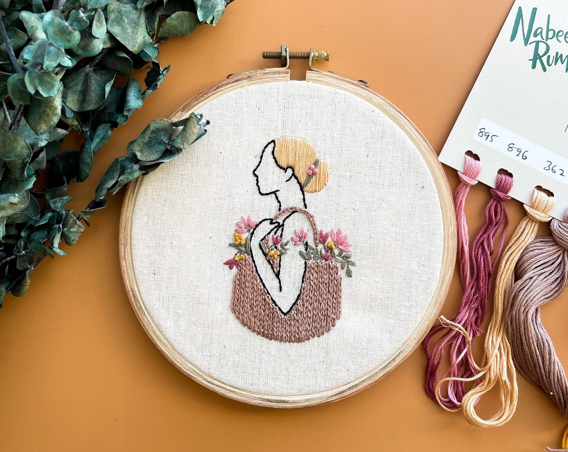 Boho Floral Woman Embroidery Kit Hoop DIY Needlework Craft Kit for Her