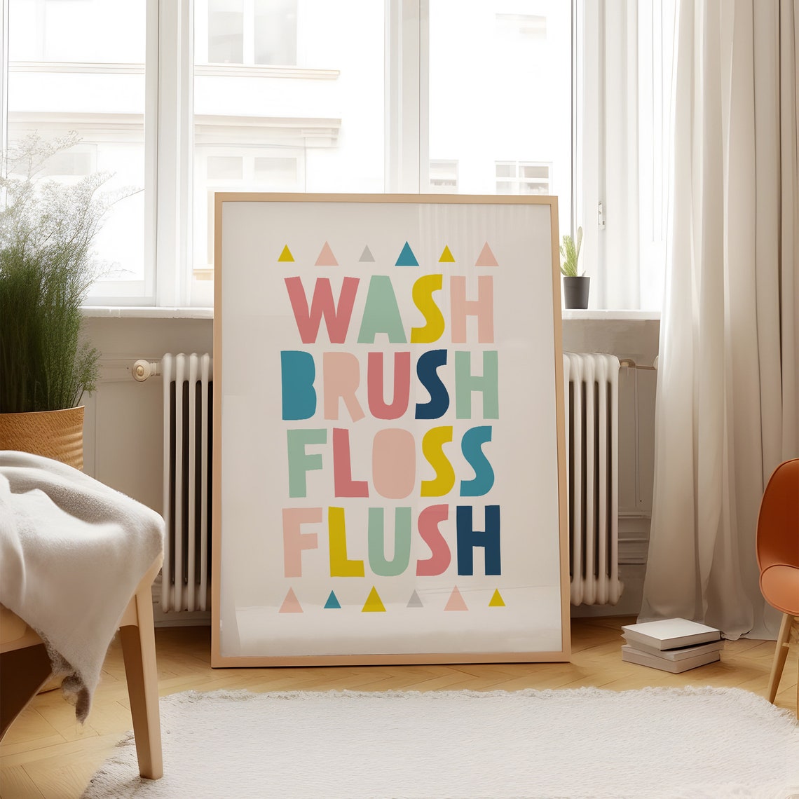 Wash Brush Floss Flush Colorful Kids Bathroom Rules Sign Poster - Image 3