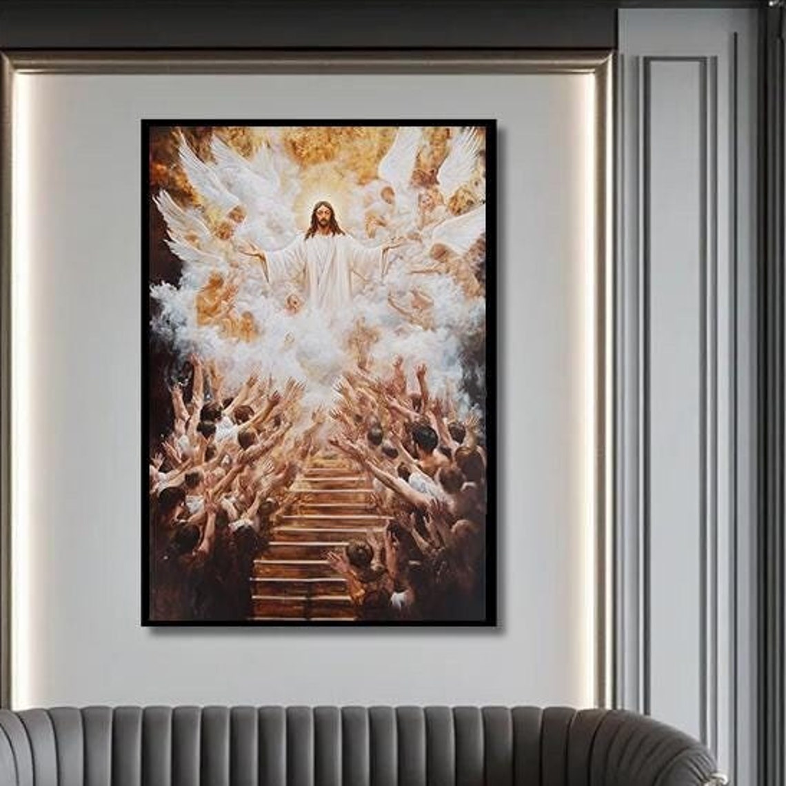 Jesus Ascending Among Angels Above A Heavenly Staircase Crowd Poster