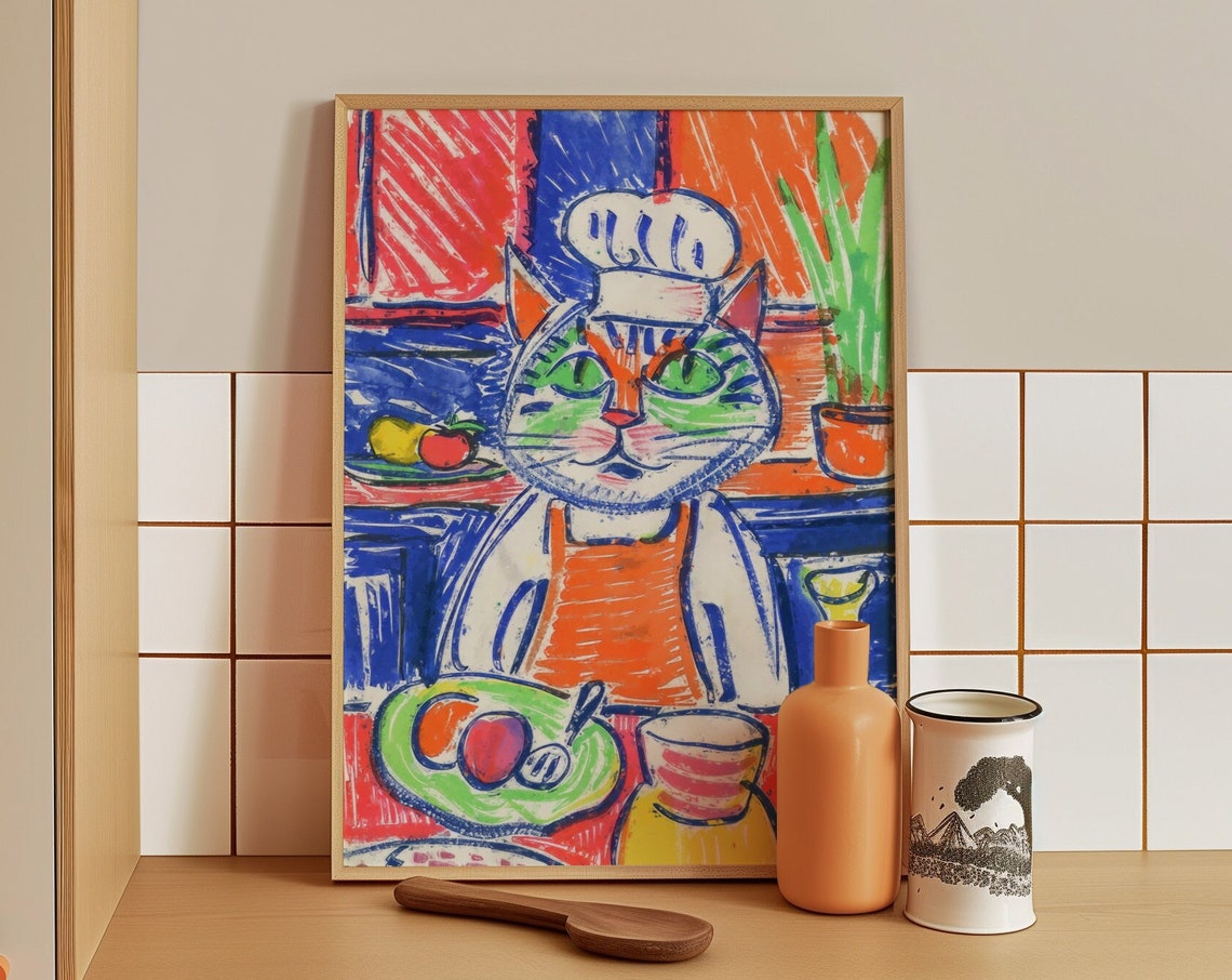 Funny Chef Cat Cooking With Red Apron Kitchen Food Art Poster