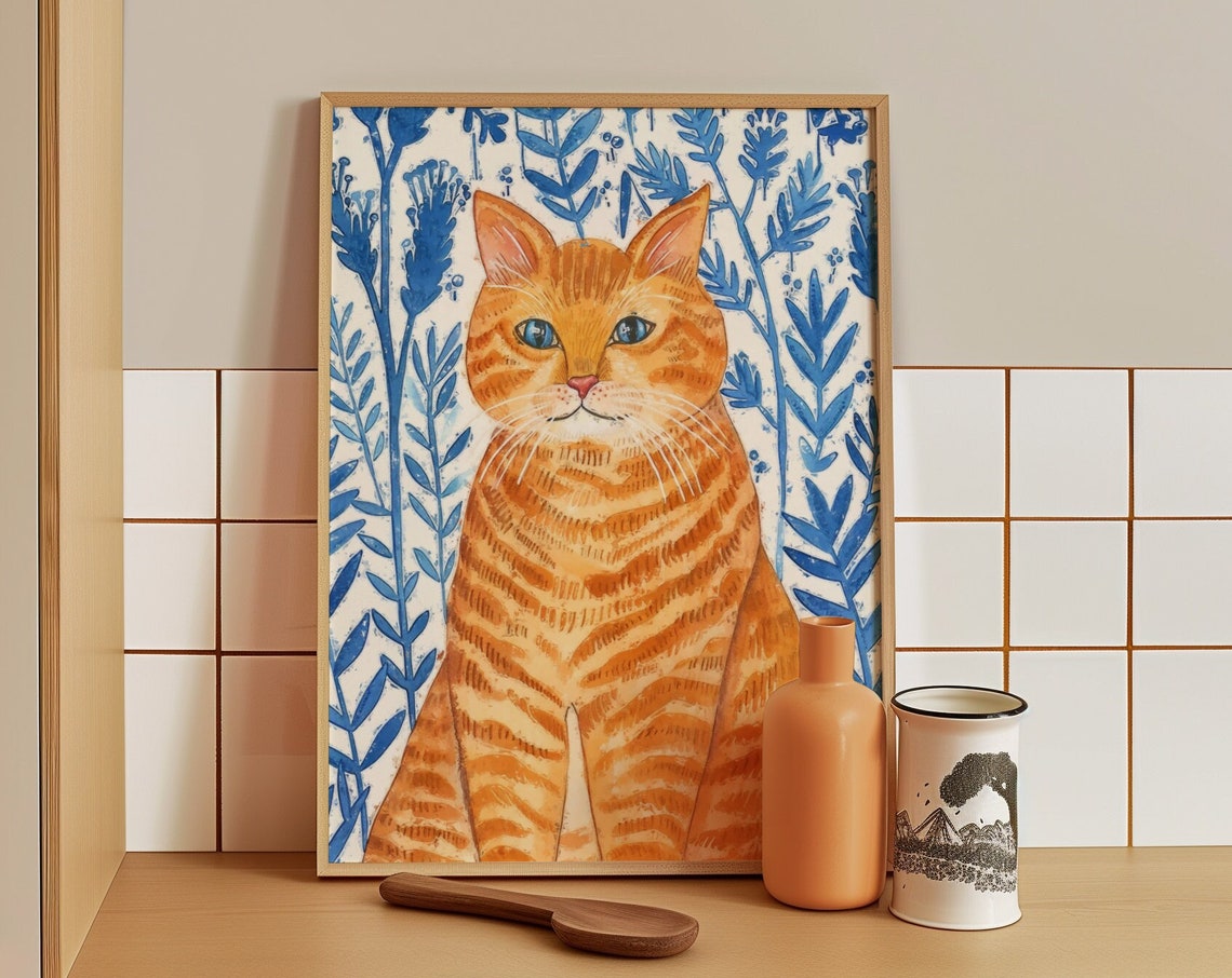 Ginger Tabby Cat Portrait With Blue Leaves Botanical Cat Poster