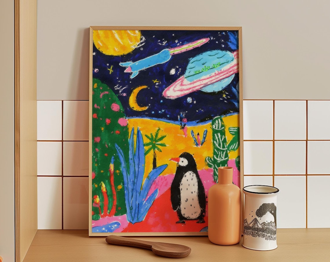 Curious Penguin Gazing at Rockets and Planets on an Alien World Poster