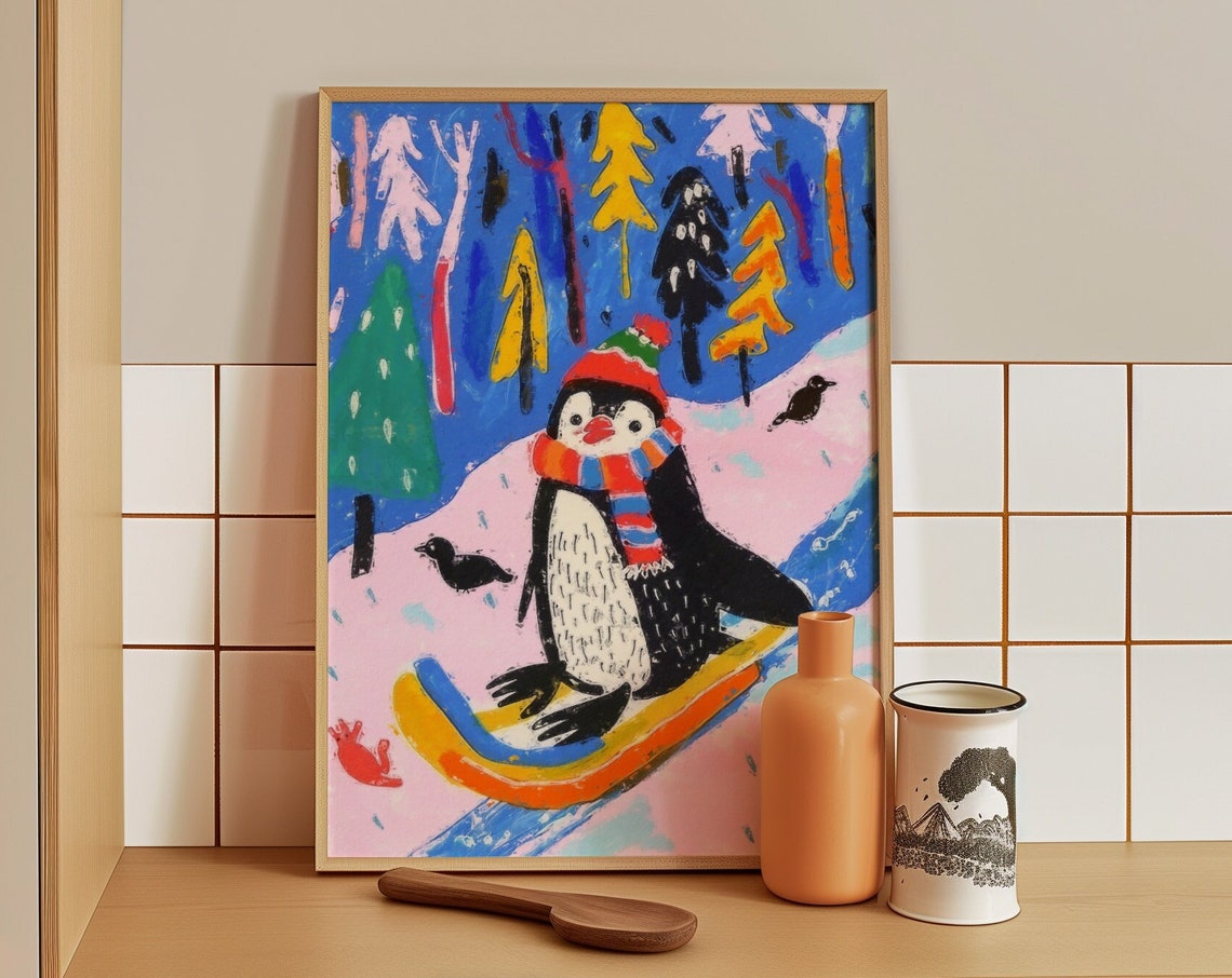 Bundled Up Penguin Sledding Down a Snowy Rainbow Forest Hill Poster