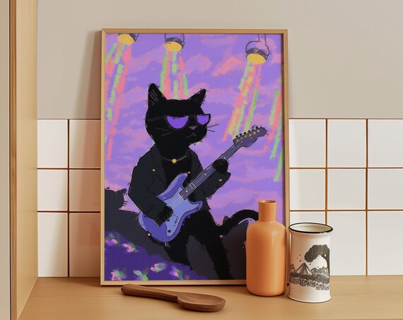 Rockstar Black Cat In Sunglasses Playing Electric Guitar On Stage Poster