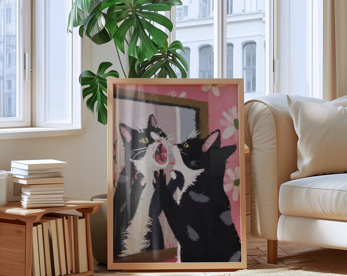 Surprised Tuxedo Cat Staring At Mirror With Mouth Open Funny Art Poster